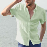 Men's Baggy Cotton Linen Solid Short Sleeve Button Retro T-Shirts