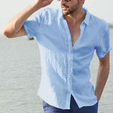 Men's Baggy Cotton Linen Solid Short Sleeve Button Retro T-Shirts