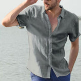 Men's Baggy Cotton Linen Solid Short Sleeve Button Retro T-Shirts