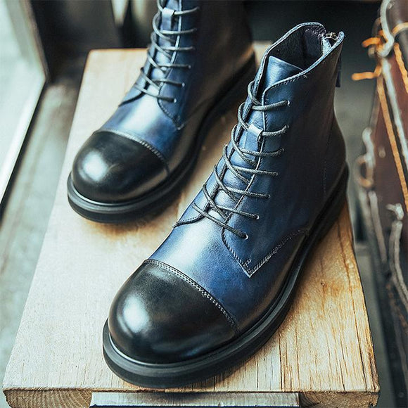 Genuine Leather Round Head Back Zipper Motorcycle Boots