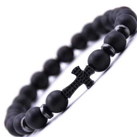 Matte Black Beaded Cross Bracelet